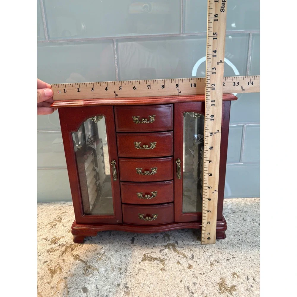 Vintage Wooden Jewelry Armoire Cherry Finish Etched Glass 5 Drawers Mirror Box